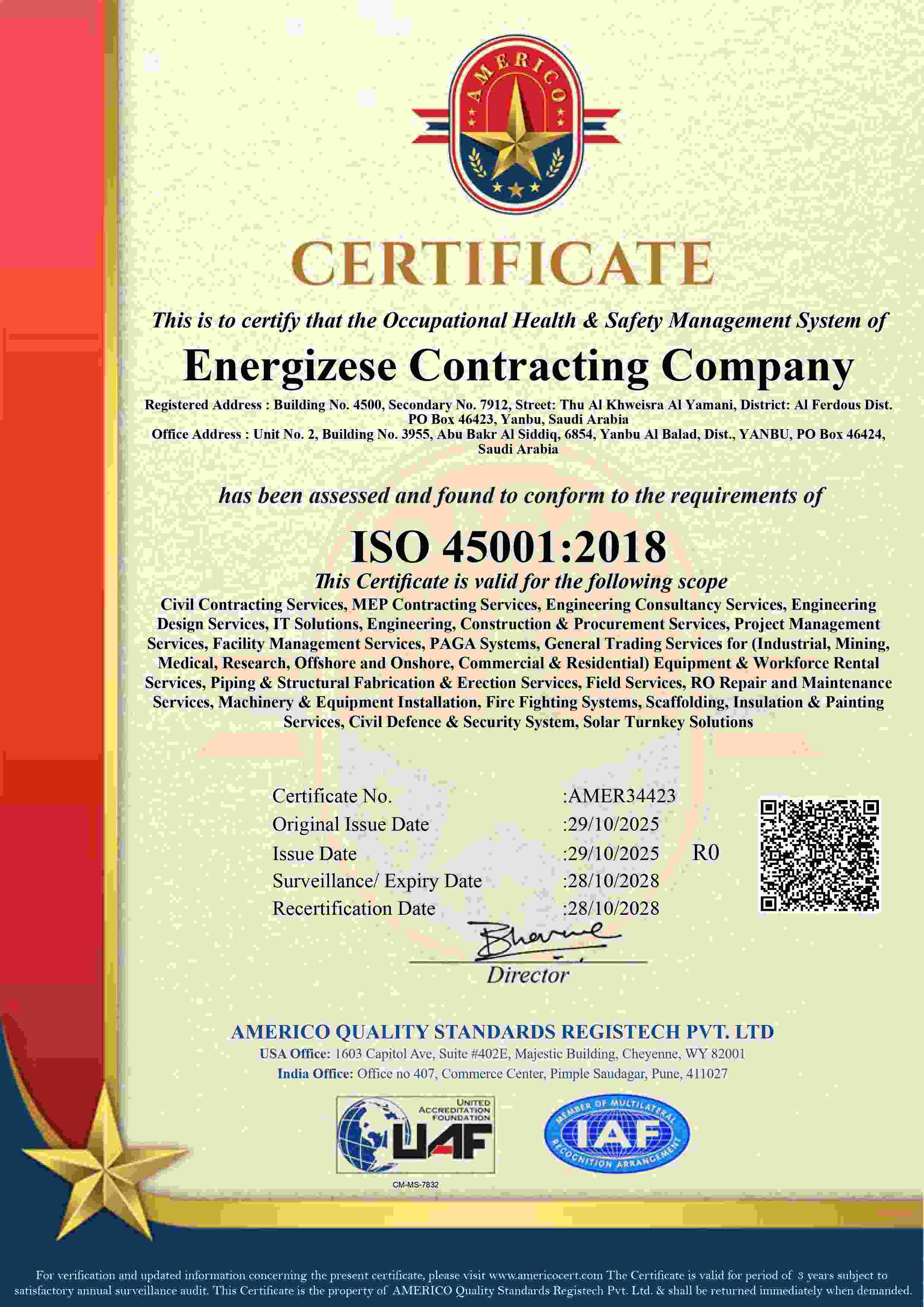 ISO 45001:2018 CERTIFICATE